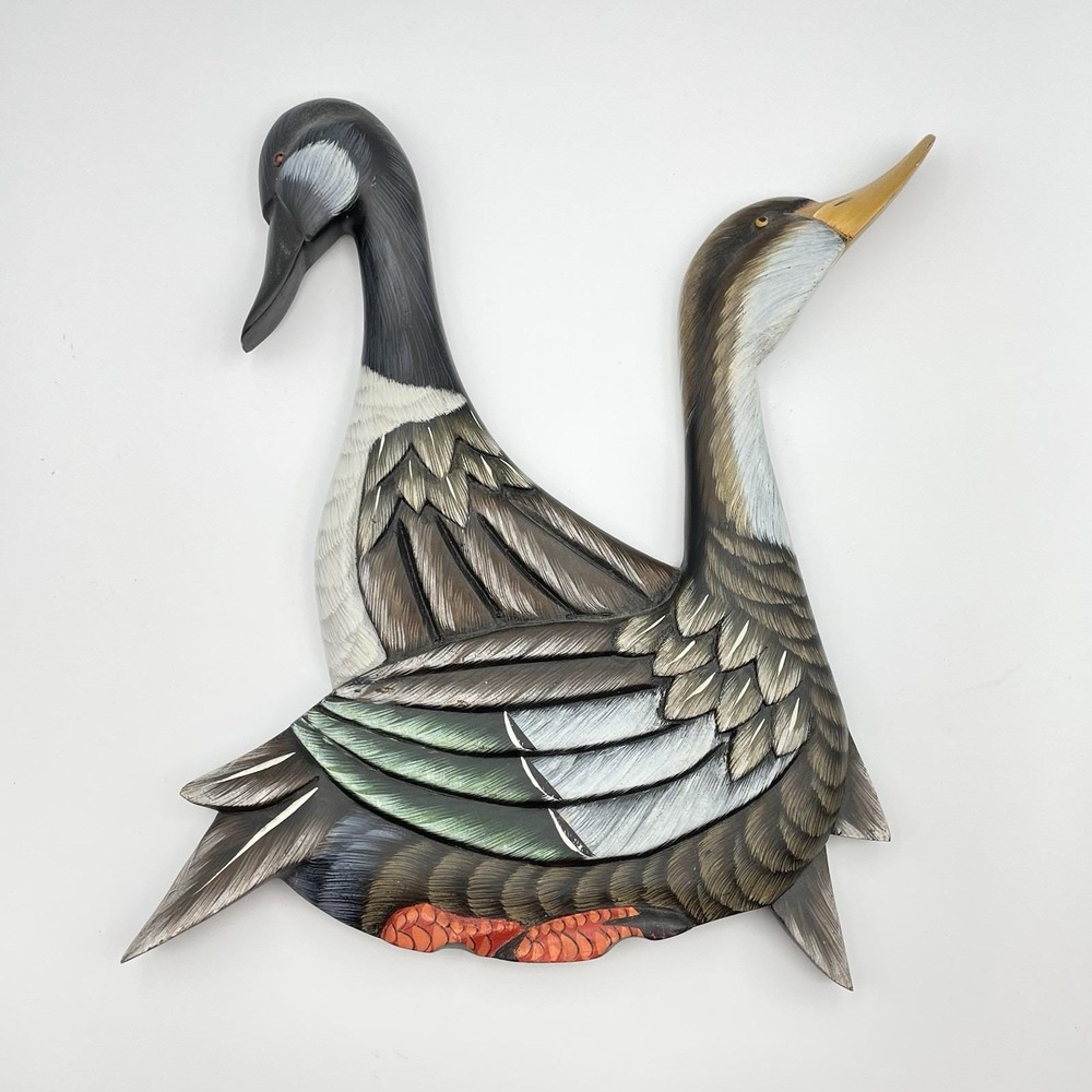 Vintage Carved Wood Goose Duck Wall Art 14x13 Philippines Hand Painted